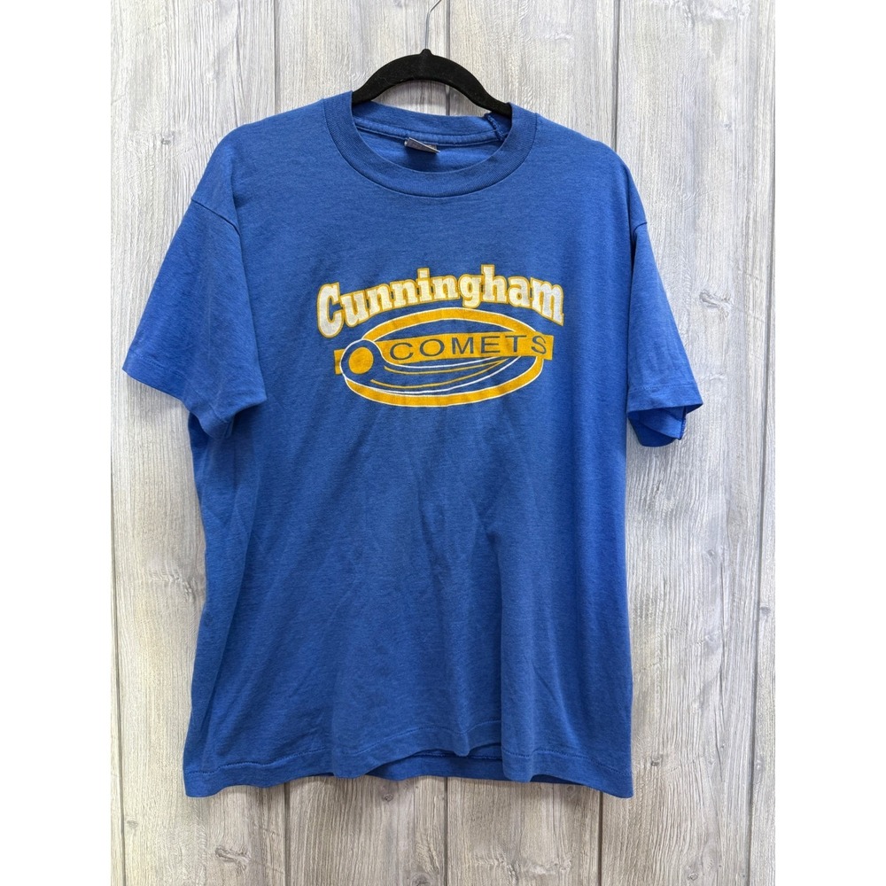 Vintage Fruit of the Loom Best Cunningham Comets T Shirt Blue Mens L Made in USA